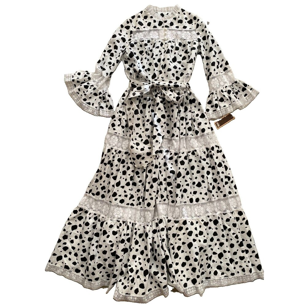 Vintage 70s David Brown Dress Dalmatian Cow Print Lace Maxi Boho Bell Sleeve